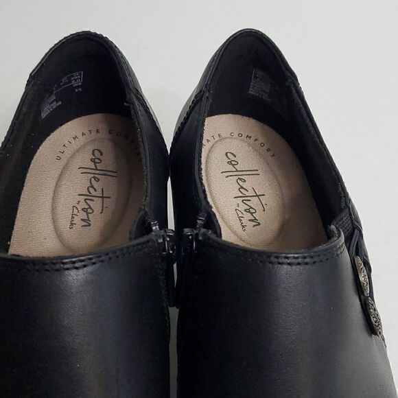 Collection by Clarks Womens Size 7W Black Side Zip Slip-On Booties Comfort Shoes - Picture 8 of 10